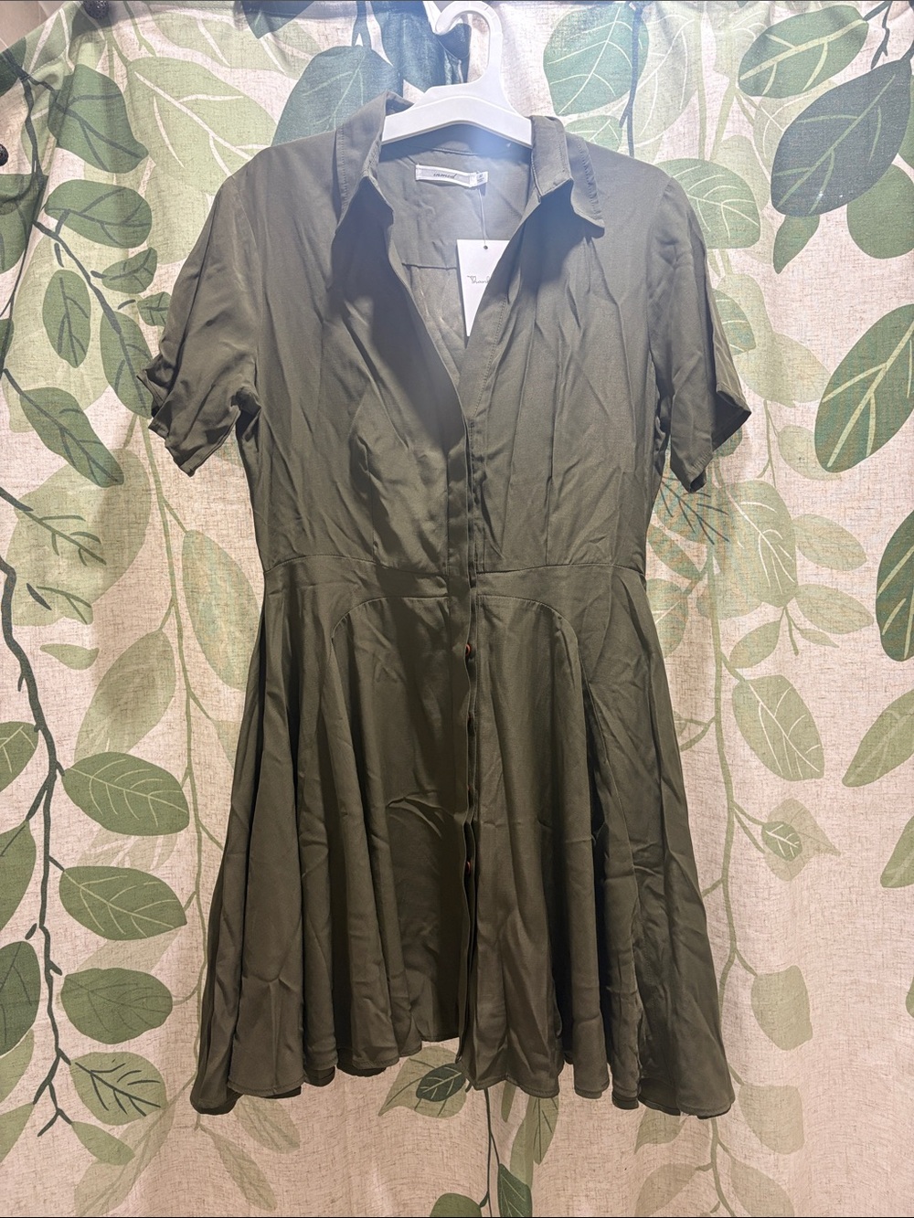Olive Green Short Sleeve Fit-and-Flare Dress
